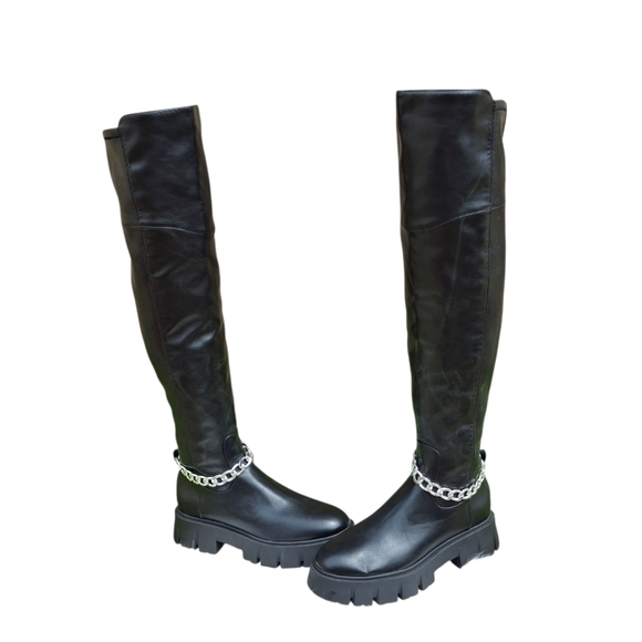 GBG Los Angeles Shoes - GBG Los Angeles Coen Thigh High With Chain Black Platform Boots Women Size 10